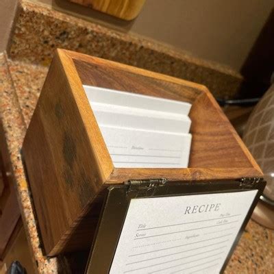 wooden recipe box with metal lid